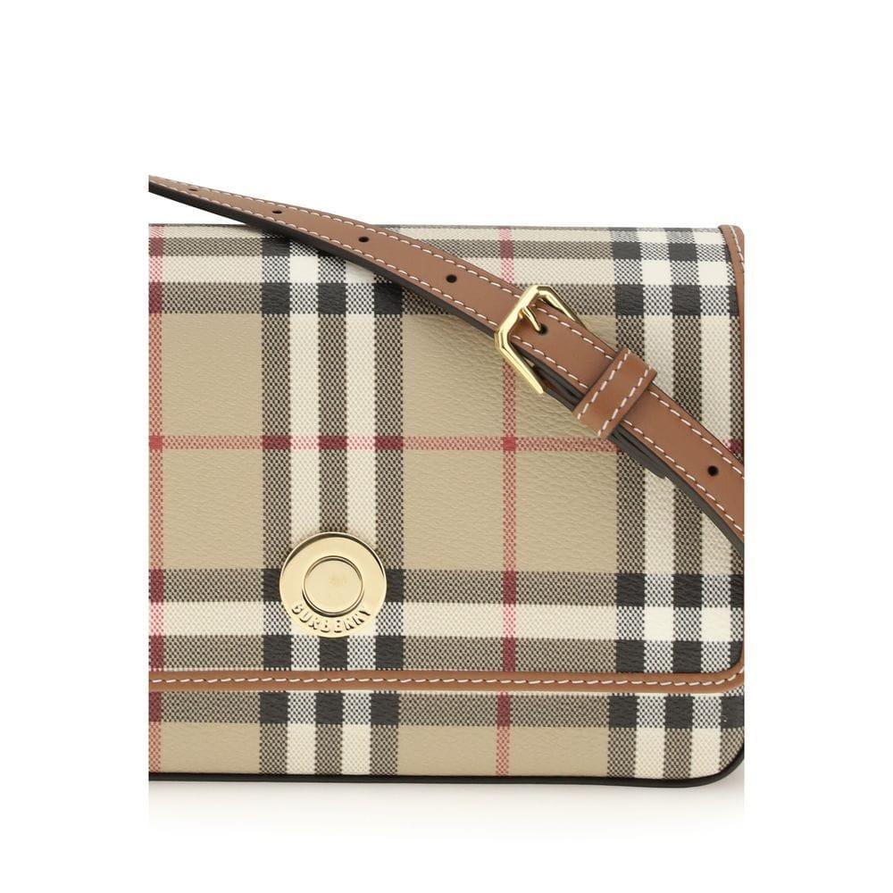 Beige crossbody bag with brown leather strap and classic plaid pattern, gold hardware