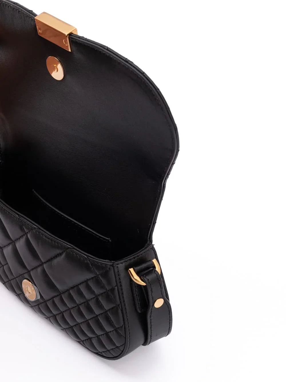 Open black quilted leather shoulder bag with gold hardware and magnetic closure