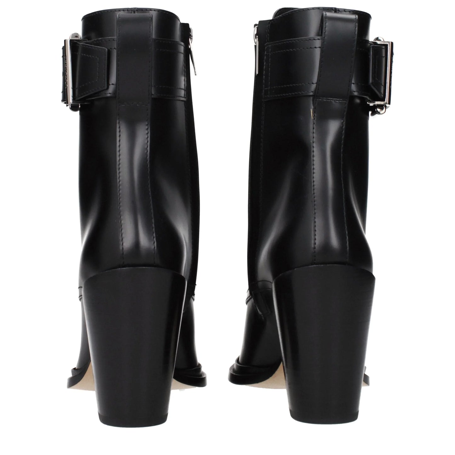 Back view of black leather heeled ankle boots with buckle detail