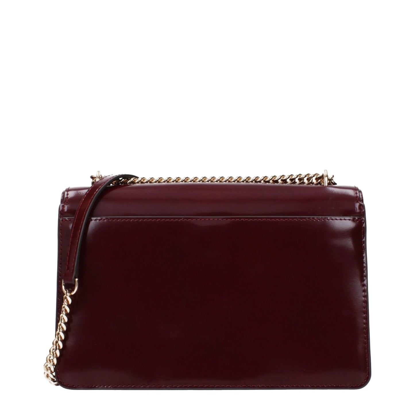 Burgundy patent leather shoulder bag with gold chain strap, luxury accessory