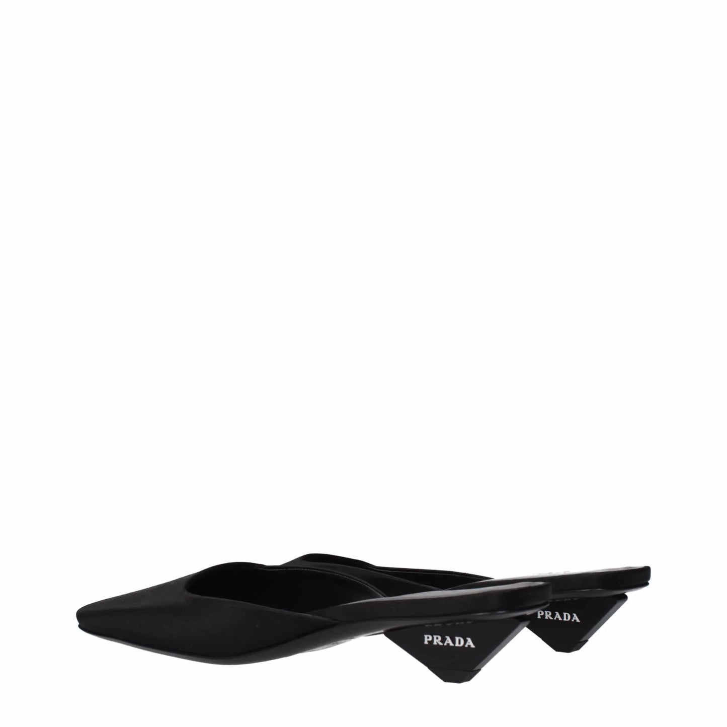 Black pointed-toe mule heels with low triangular Prada logo heels, minimalist design