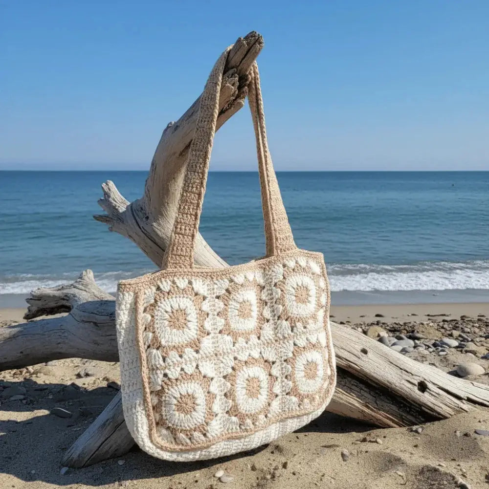 Handmade crochet tote bag in beige and cream yarn displayed on driftwood at the beach