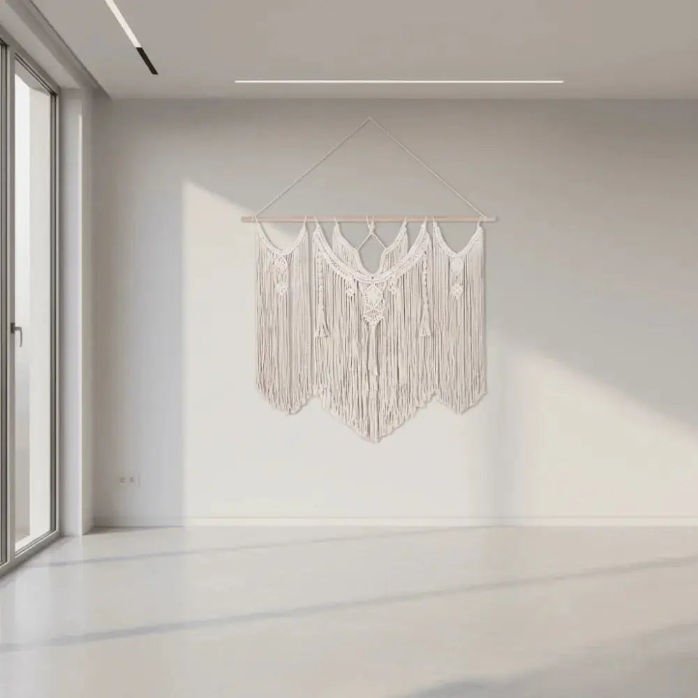 Handmade large boho macrame wall hanging tapestry with fringe in minimalist room