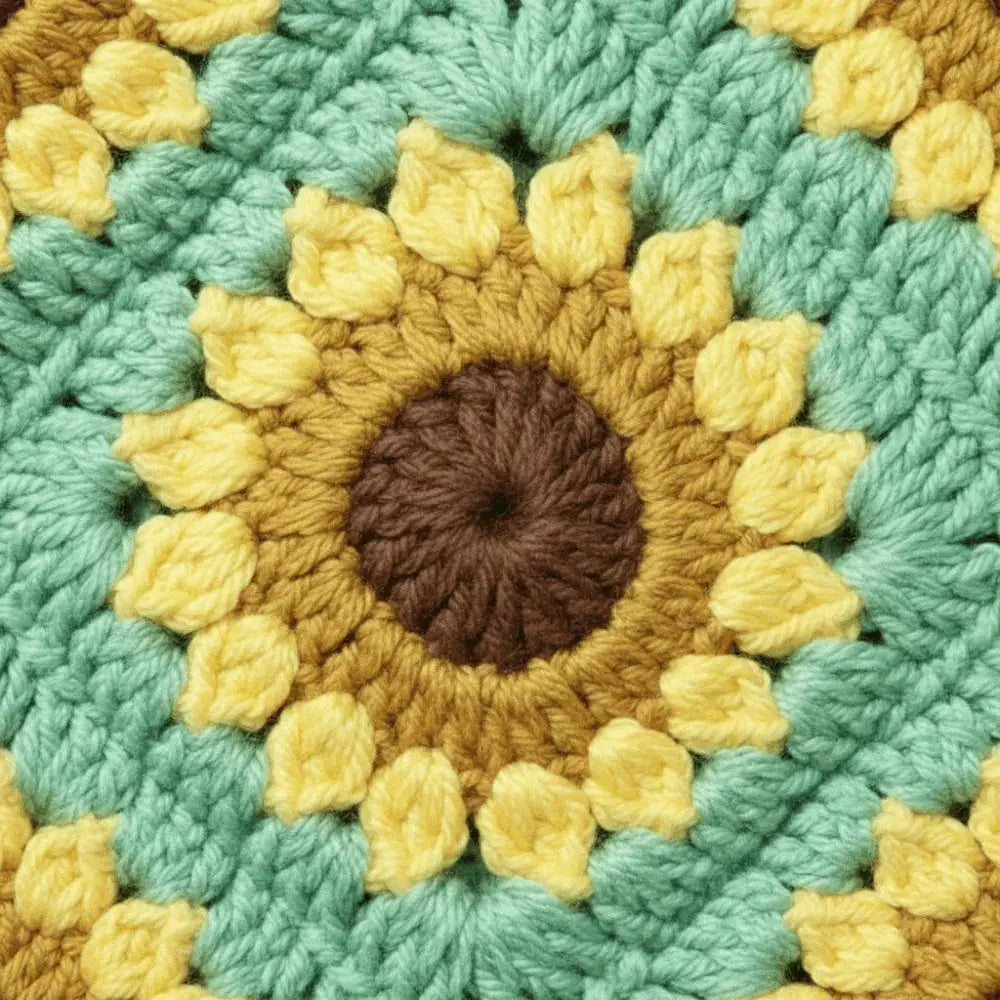 Handmade sunflower crochet pattern in yellow, brown, and green cotton yarn, boho style detail.