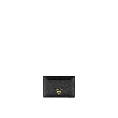 Black textured leather card holder with gold logo detailing on white background