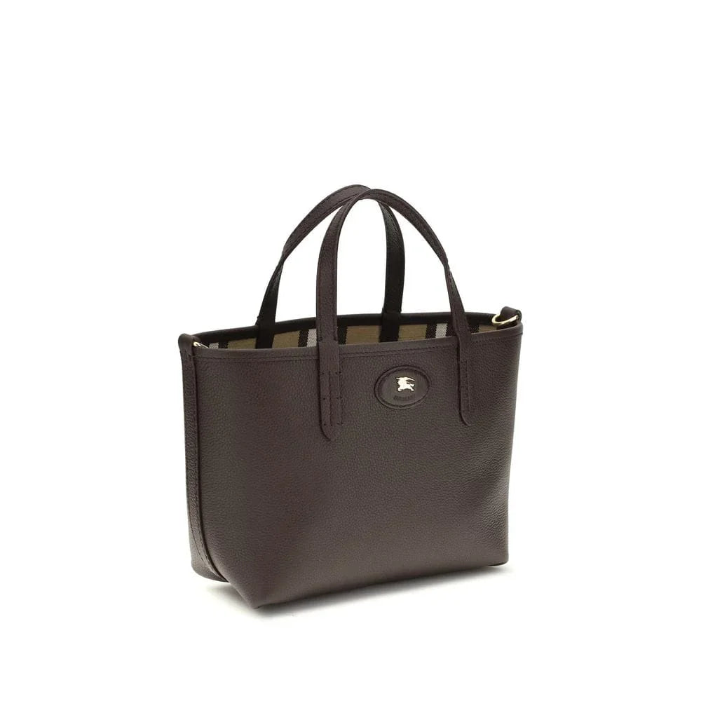 Dark brown leather tote bag with double handles and silver logo on front