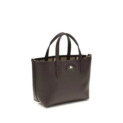 Dark brown leather tote bag with double handles and silver logo on front