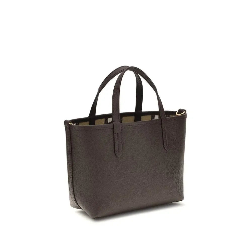 Dark brown leather tote bag with double handles on a white background