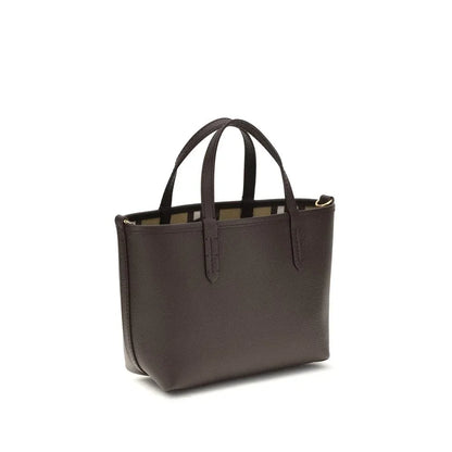 Dark brown leather tote bag with double handles on a white background