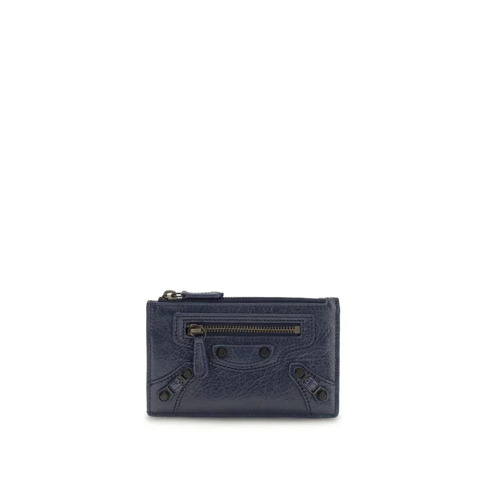 Navy blue leather zippered wallet with textured finish and decorative studs, front view