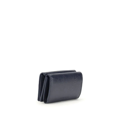 Black leather tri-fold wallet on white background, luxury accessory product photo