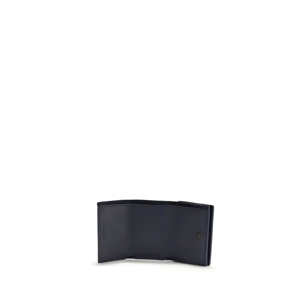 Open navy blue leather wallet with multiple compartments on a white background