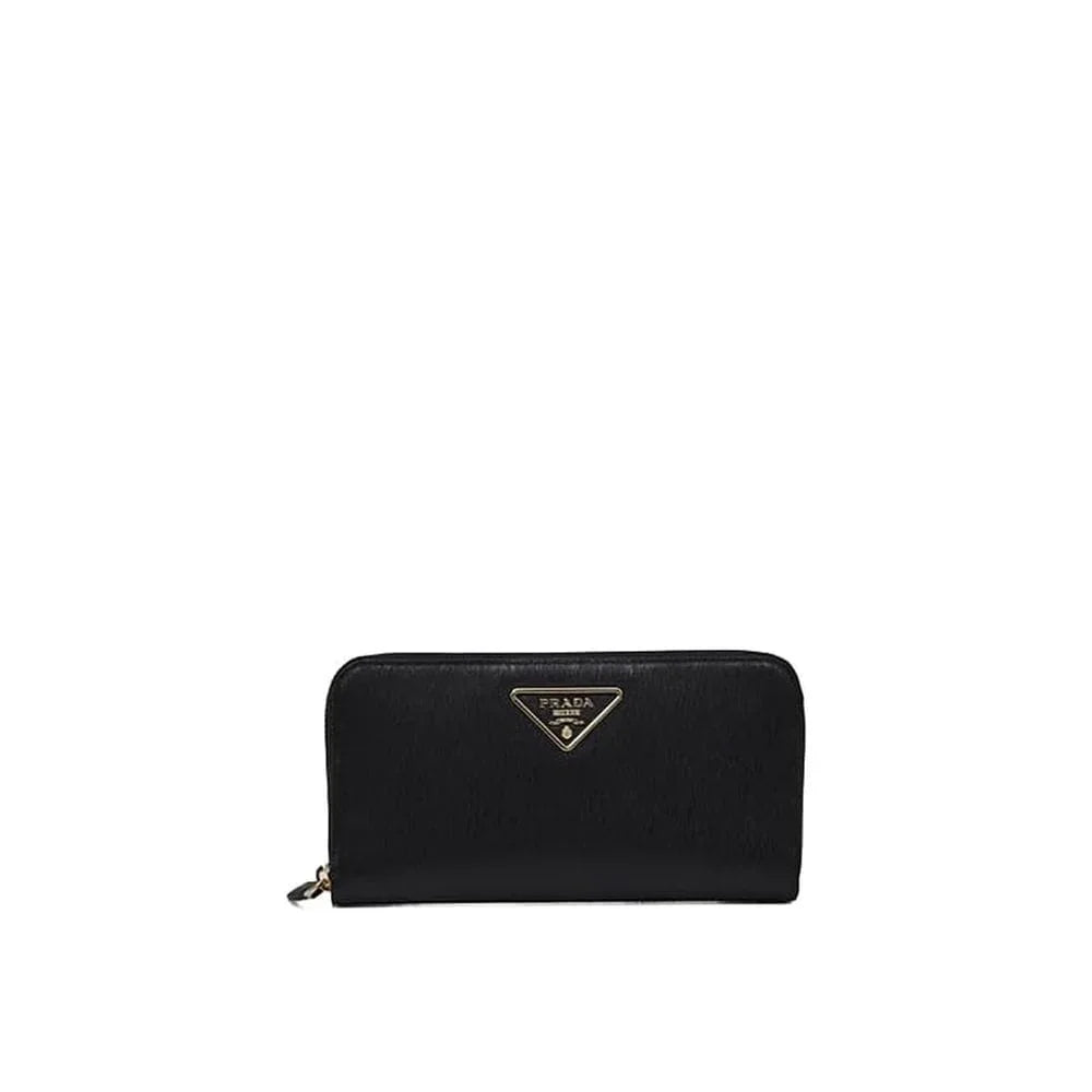 Black designer zip wallet with gold logo emblem on white background