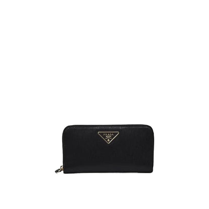 Black designer zip wallet with gold logo emblem on white background