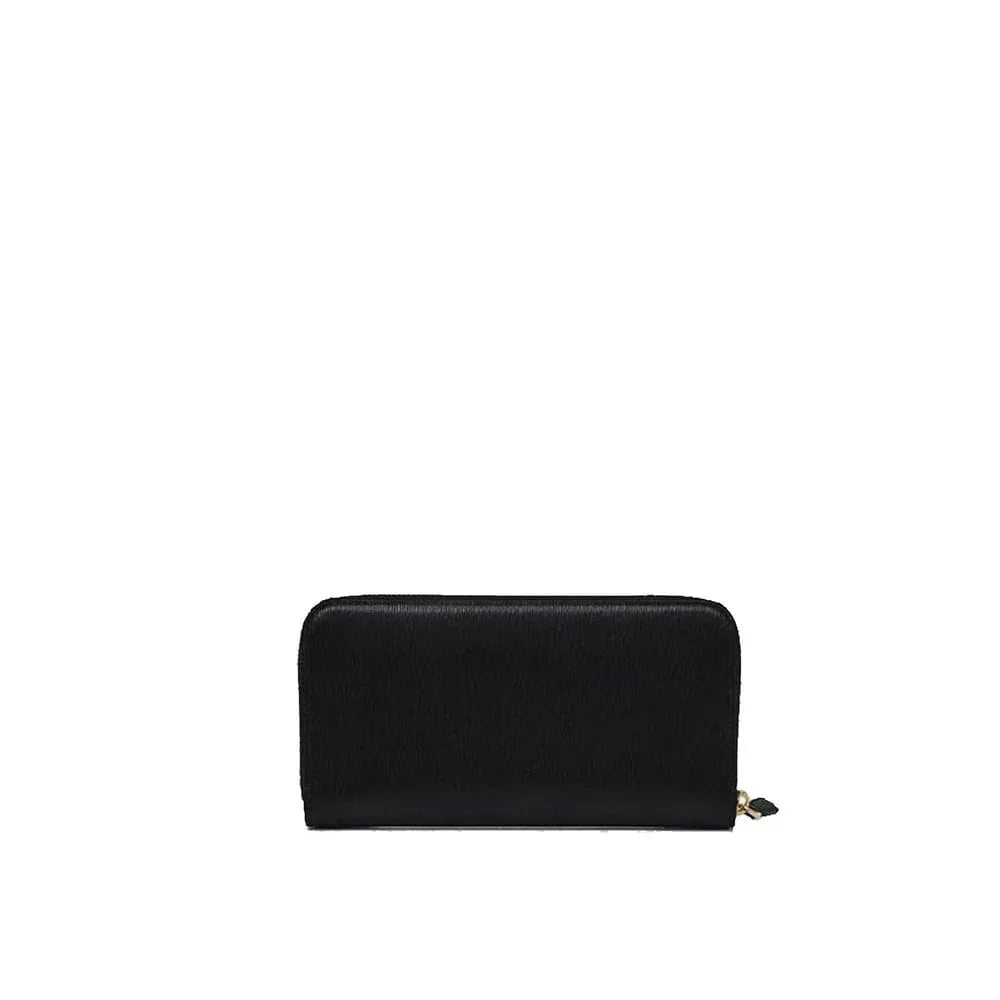 Black leather zip-around wallet with gold zipper, minimalist luxury accessory on white background