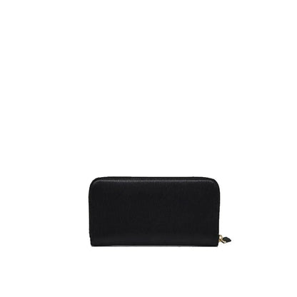 Black leather zip-around wallet with gold zipper, minimalist luxury accessory on white background
