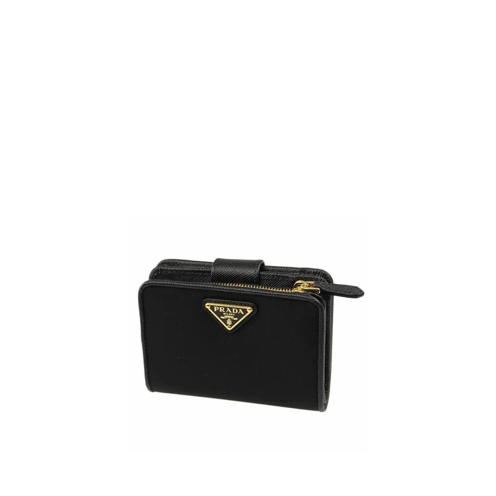 Black Prada wallet with gold logo and zipper, luxury designer accessory