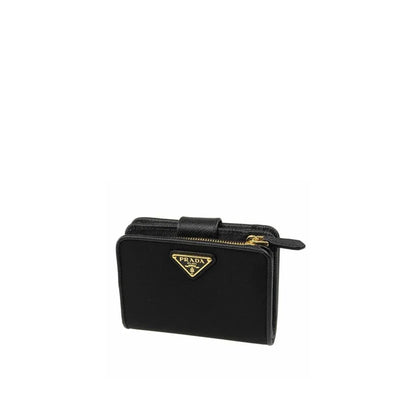 Black Prada wallet with gold logo and zipper, luxury designer accessory