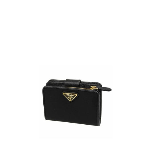 Black Prada wallet with gold logo and zipper, luxury designer accessory