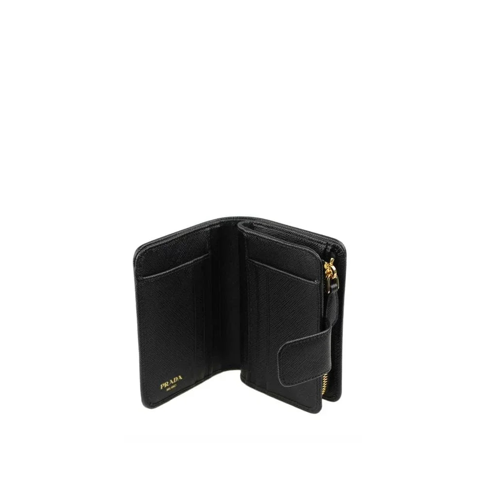 Black luxury leather wallet with card slots, coin pocket, and gold-tone zipper detailing.