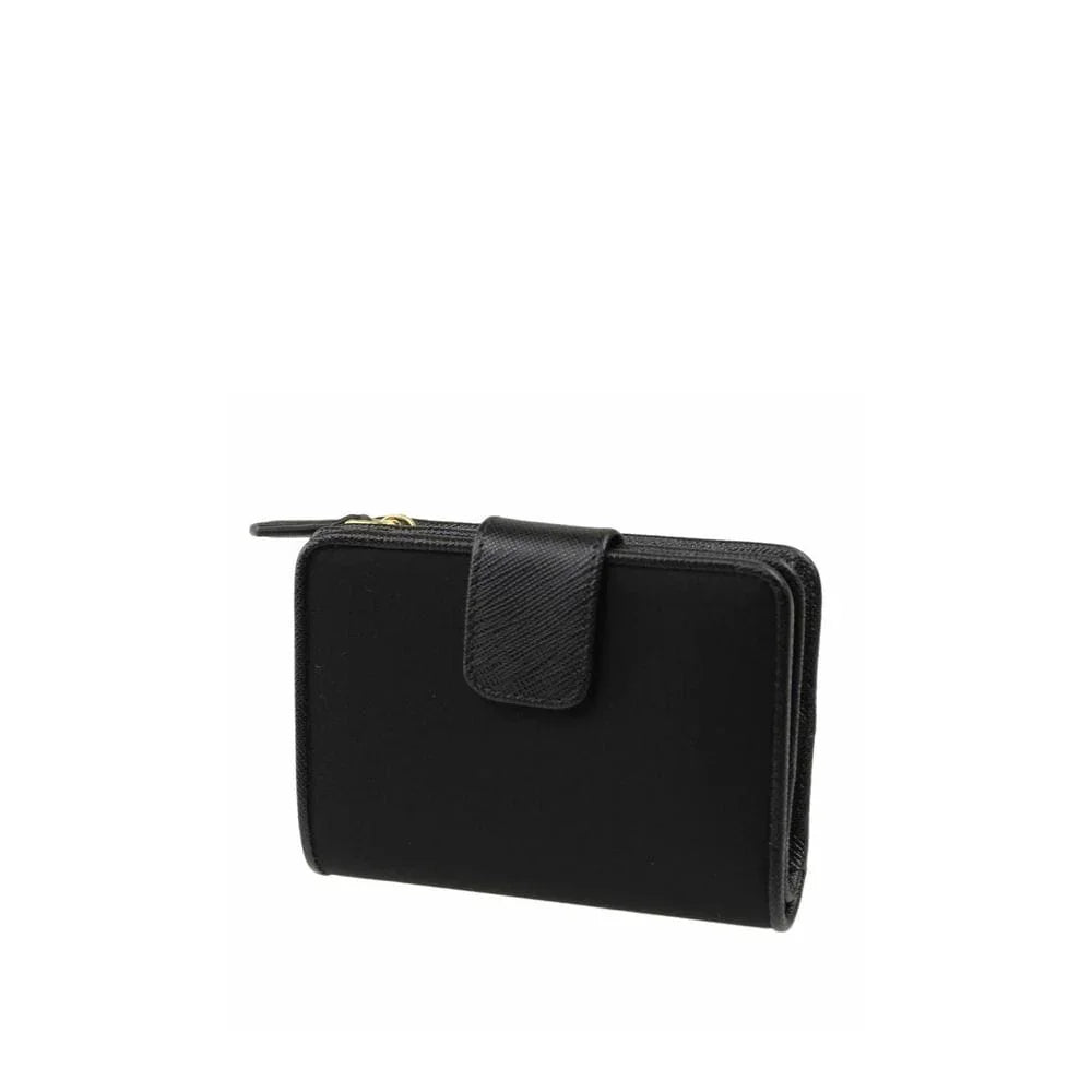 black leather wallet with snap closure and gold zipper, minimalist design, luxury accessory
