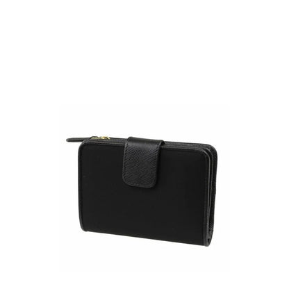 black leather wallet with snap closure and gold zipper, minimalist design, luxury accessory