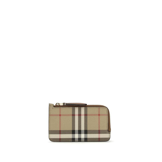 Beige plaid zippered wallet with brown leather trim on white background