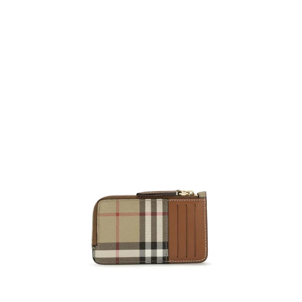 Plaid and brown leather cardholder with zipper and multiple card slots on white background