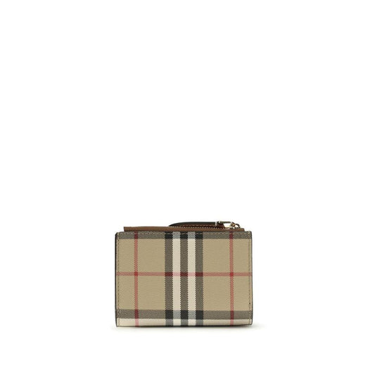 Beige plaid designer wallet with zip coin pouch and check pattern on white background