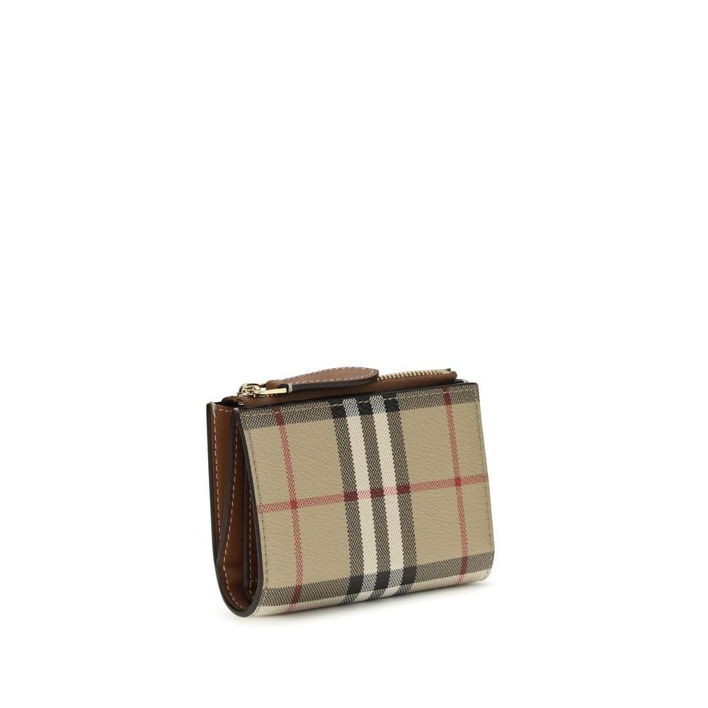 Beige plaid designer wallet with brown leather trim and zippered coin pocket