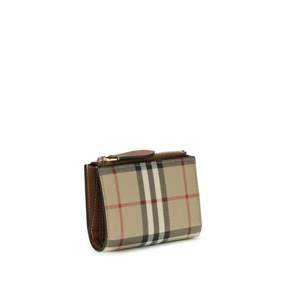 Beige plaid designer wallet with brown leather trim and zippered coin pocket