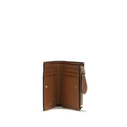 Brown leather wallet with card slots and zippered coin pocket, luxury accessory