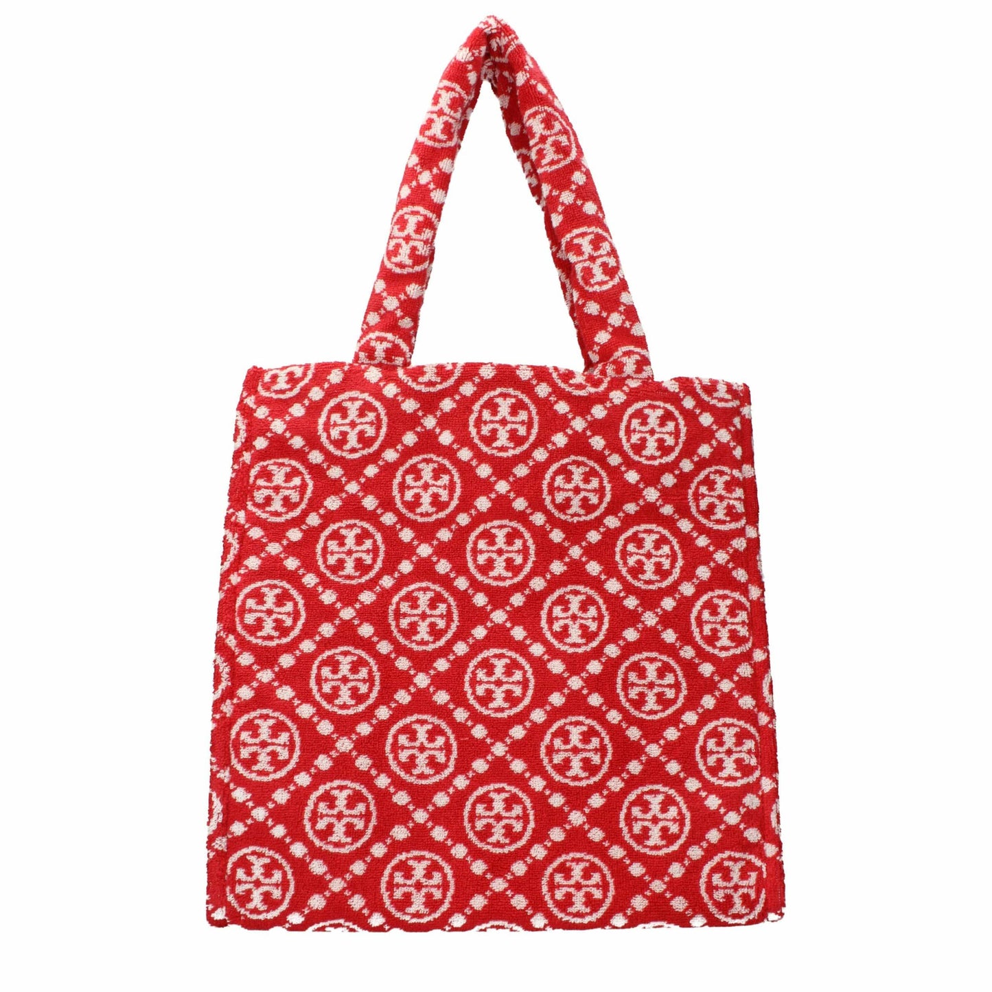 Red designer tote bag with white circular pattern and woven fabric texture