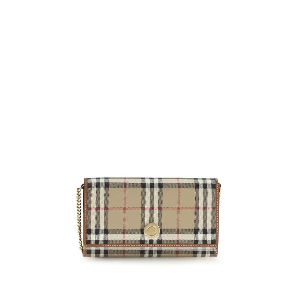 Beige plaid designer crossbody bag with gold chain strap on white background