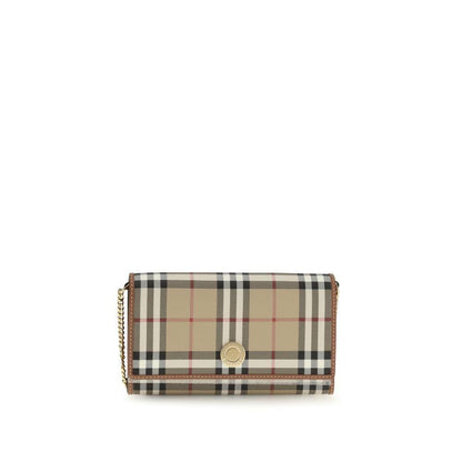 Beige plaid designer crossbody bag with gold chain strap on white background