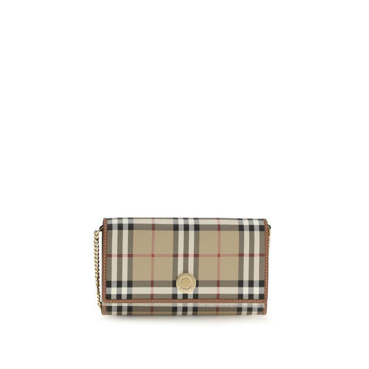 Beige plaid designer crossbody bag with gold chain strap on white background