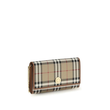 Beige plaid designer wallet with gold button and chain detail on white background