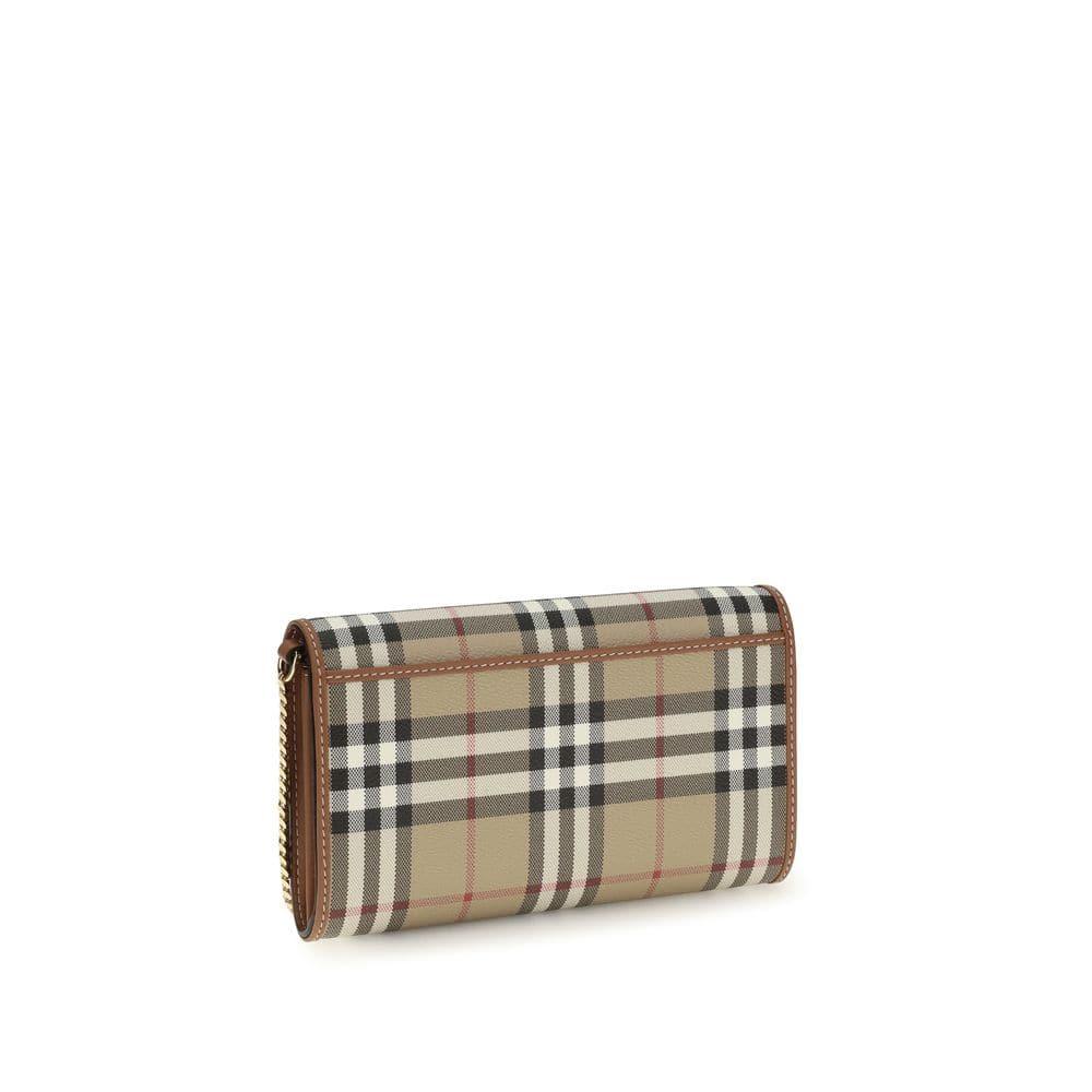 Beige plaid checkered wallet with brown leather trim on a white background