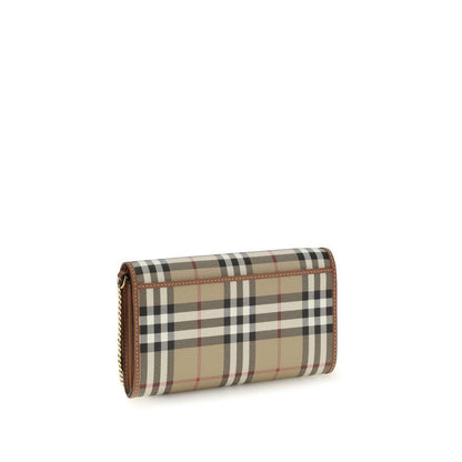 Beige plaid checkered wallet with brown leather trim on a white background