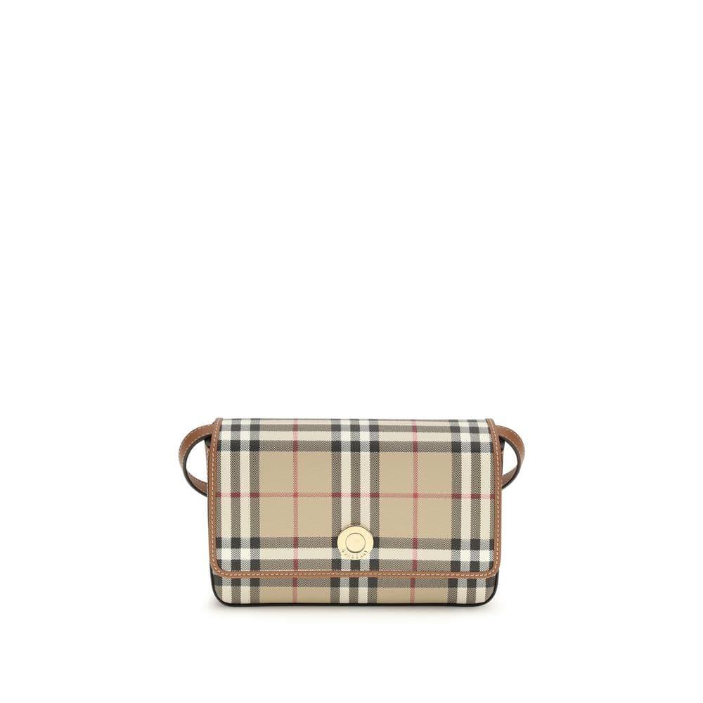 Beige plaid crossbody bag with gold button closure, luxury designer accessory