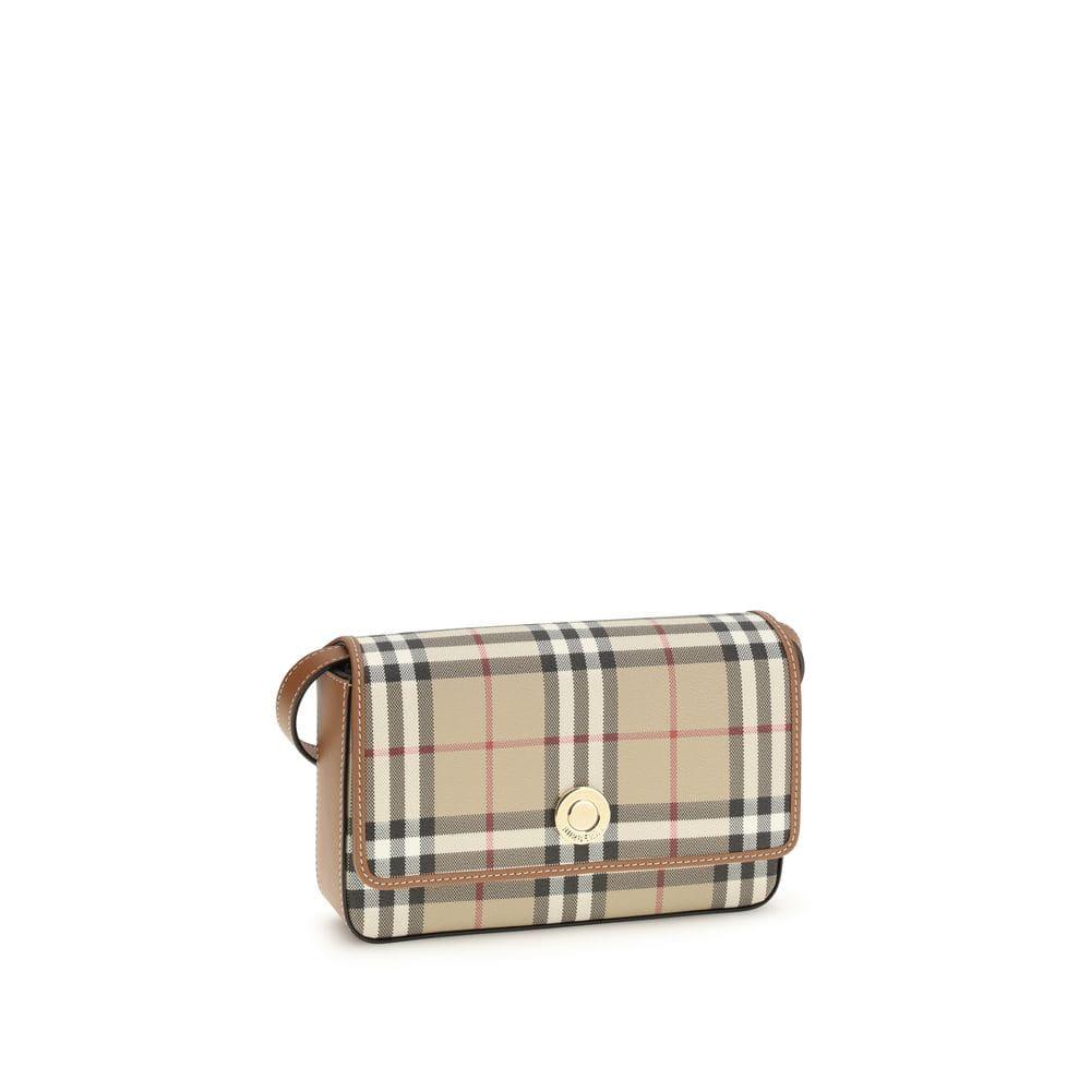Beige plaid designer crossbody bag with gold clasp and brown leather trim on white background