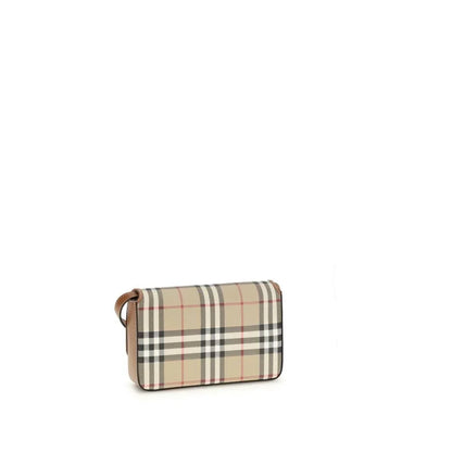 Beige plaid leather crossbody bag with checkered pattern on white background