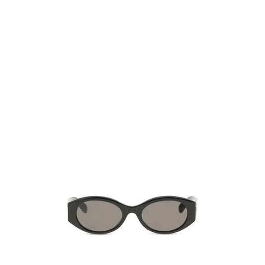 Black oval sunglasses with dark lenses on a white background