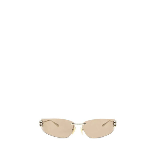 Rimless beige sunglasses with gold metal details on a white background