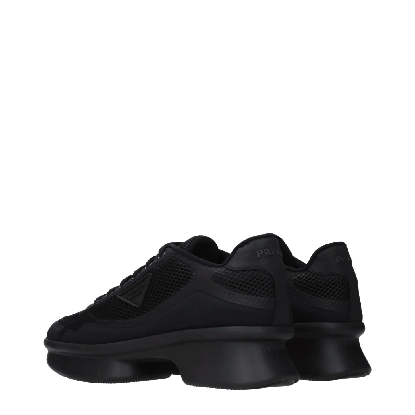 Black mesh chunky sole designer sneakers with lace-up closure, rear angled view