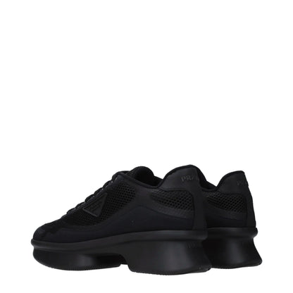 Black mesh chunky sole designer sneakers with lace-up closure, rear angled view