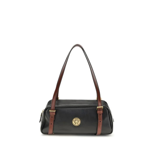 Black leather shoulder bag with brown straps and gold Medusa emblem, luxury designer accessory