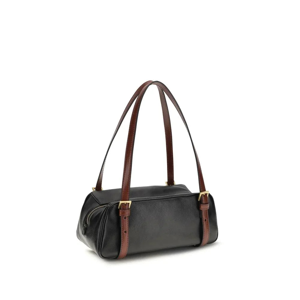 Black leather shoulder bag with brown adjustable straps and gold-tone hardware