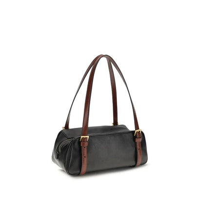 Black leather shoulder bag with brown adjustable straps and gold-tone hardware