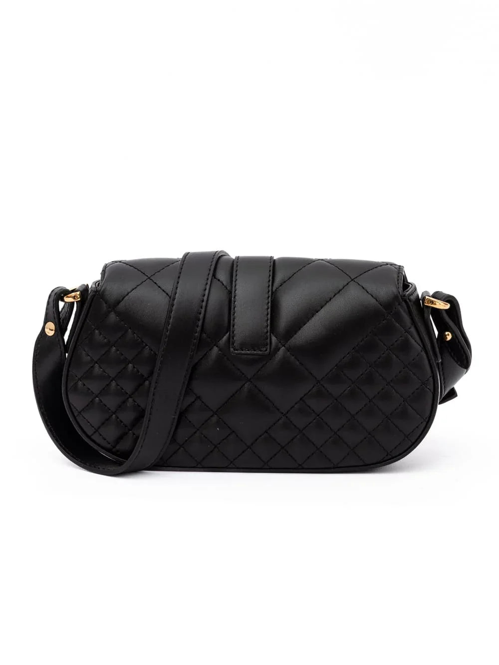 Black quilted leather shoulder bag with gold hardware and adjustable strap on white background